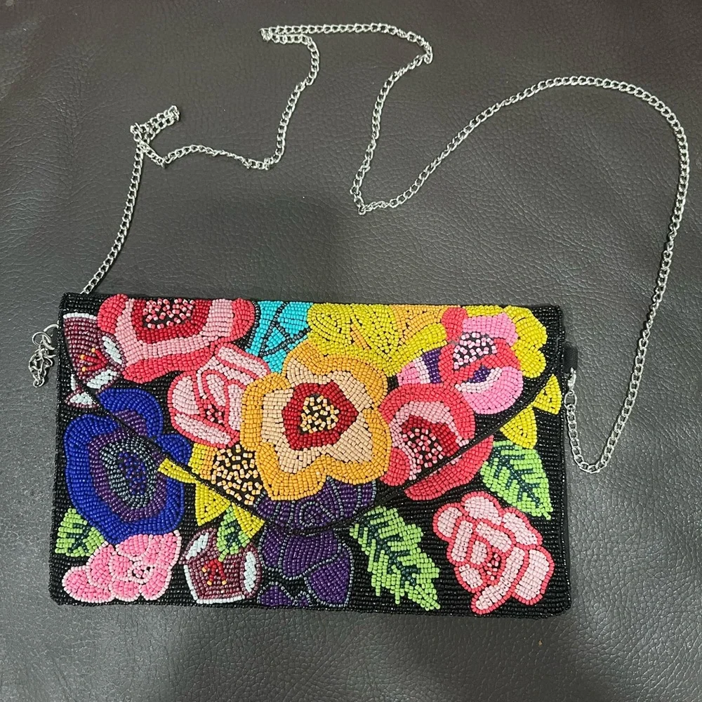 Floral Beaded Clutch with Chain Strap - Picture 1 of 3
